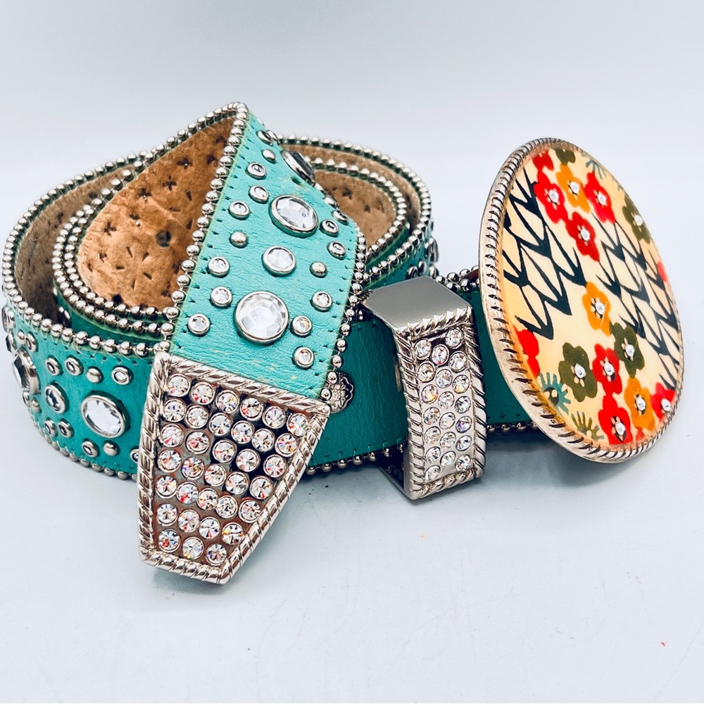 Turquoise Studded Belt with Floral Buckle